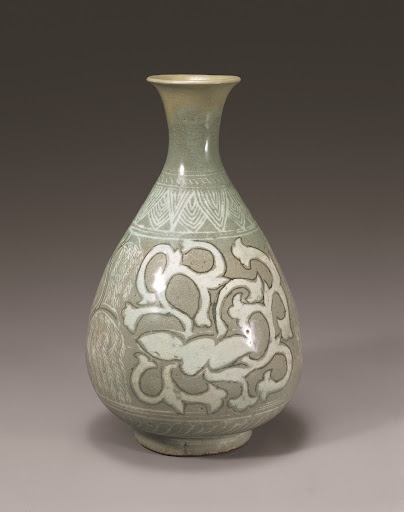 Buncheong Bottle with Inlaid Peony and Willow Design - Unknown