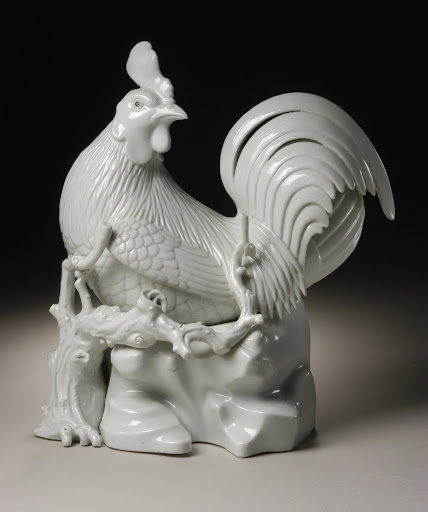 Okimono in the Form of a Seated Cockerel on a Branch and Rockery - Unknown