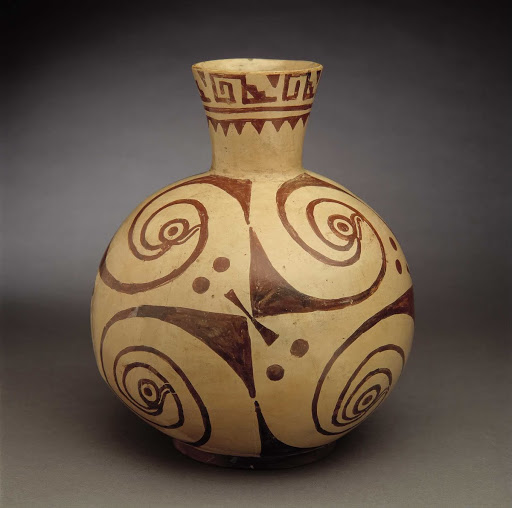 Ceramic ceremonial vessel with a design of interlaced birds and rays and stepped motifs with volutes ML010520 - Moche style