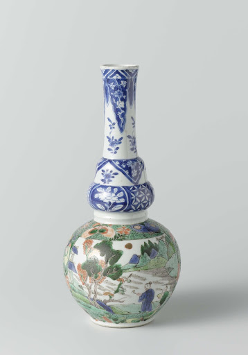 Bottle vase with landscape, bird on branch and neck decoration in underglaze blue - Anonymous