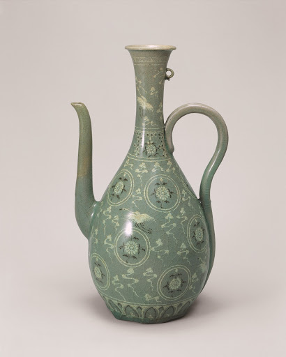 Celadon Bottle-shaped Ewer with Inlaid Cloud, Crane, and Chrysanthemum Design - Unknown