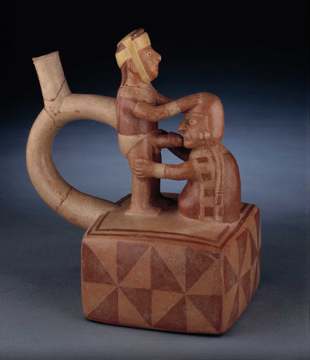 Sculptural ceramic ceremonial vessel that represents a fellatio scene ML004284 - Moche style