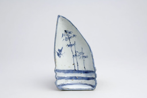 Dish, One of a Set of Five, Bamboo Shoot Shape, Design of Bamboo and Butterfly in Underglaze Blue; Kosometsuke Type - Unknown