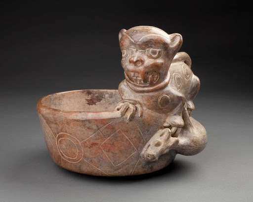 Sculptural ceramic ceremonial vessel that represents a jaguar attacking a deer ML015075 - Cupisnique style