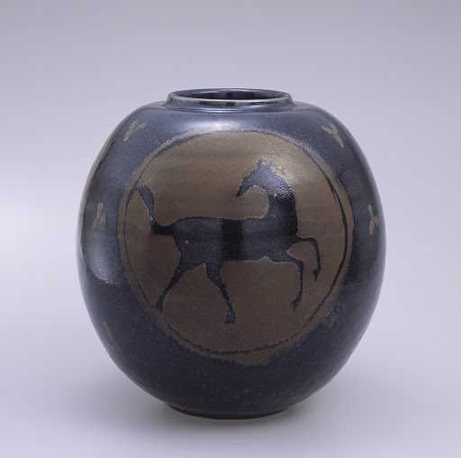 Jar with a horse design of iron glaze - HARA Kiyoshi