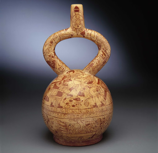 Ceramic ceremonial vessel that represents a scene of sacrifice of captive warriors and presentation of the cup to the main gods ML010847 - Moche style