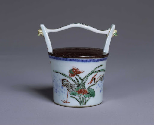 Tea Caddy, Pail shape; Lotus and heron design in overglaze enamels