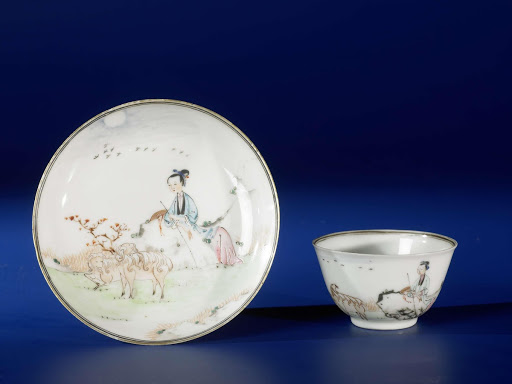 Bell-shaped cup and saucer with a shepherdess and two sheep in a landscape - Anonymous