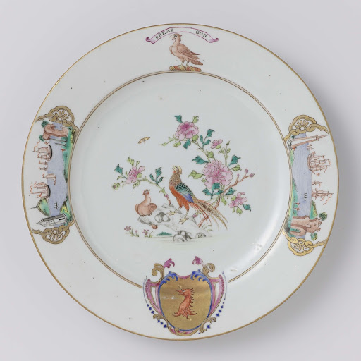 Plate with two pheasants on a rock near flowering plants and the arms of the Munro family - Anonymous