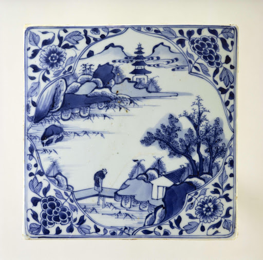 Tile with Chinese waterlandscape and flower scrolls in the corners - Anonymous