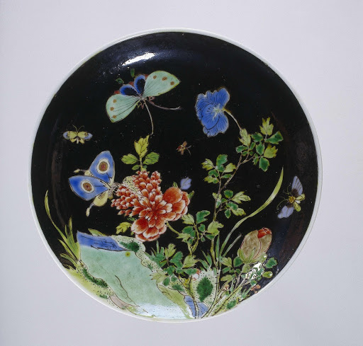 Saucer with butterflies and flowering plant near a rock - Anonymous
