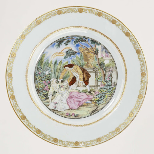 Plate with a lady and gentlemen in a garden, in the background a women - Anonymous