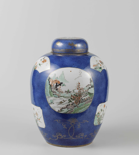 Ovoid covered jar with powder blue and reserves with lanscape, flower basket and antiquities - Anonymous
