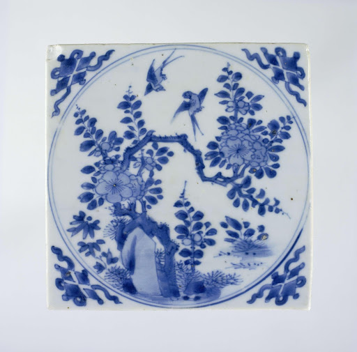 Tile with a prunus on a rock and two birds - Anonymous