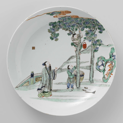 Dish with a man and an boy looking at a boy in a tree - Anonymous