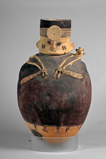 Sculptural ceramic ceremonial vessel that represents a man carrying a deer ML040407 - Chancay style