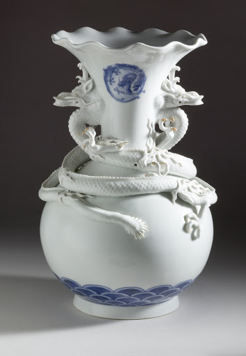 Vase with Everted Fluted Lip and Raised Dragon Decor - Unknown