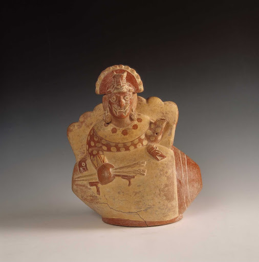 Sculptural ceramic ceremonial vessel that represents Ai Apaec, mythological hero of the Moche exiting the conch of the sacred mollusk Strombus sp. ML003208 - Moche style