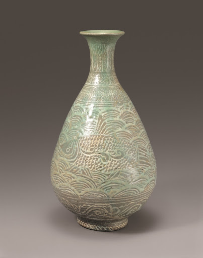 Buncheong Bottle with Inlaid Wave and Fish Design - Unknown