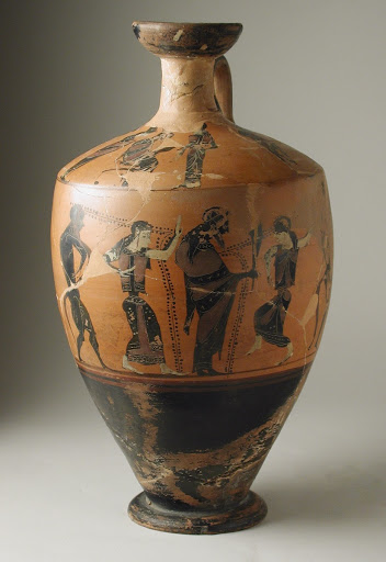 Attic Black-Figure Lekythos with (Body) Dionysos between Maenads and Satyrs and (Shoulder) a Seated Man between Women and Men - Unknown