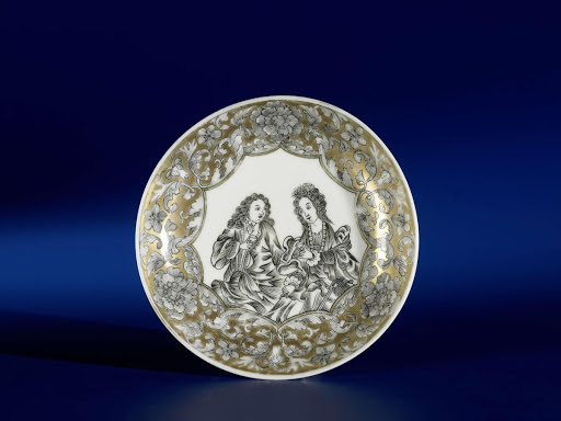 Saucer with a European, possibly tea drinking, couple in a scalloped panel - Anonymous