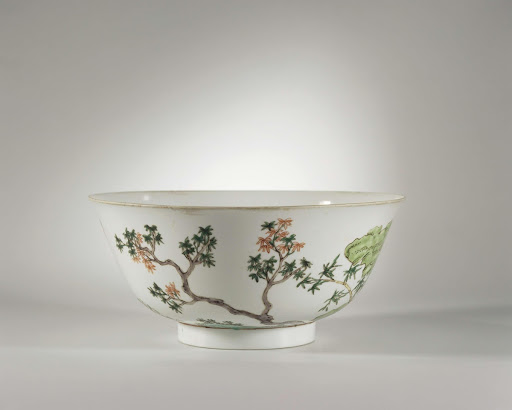Bowl with peony, bamboo and maple tree near a rock - Anonymous