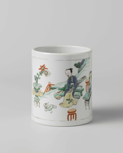 Cylindrical brush pot with a scolar in a landscape and precious objects - Anonymous