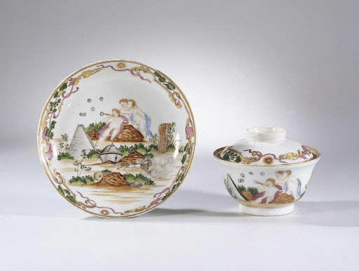 Bell-shaped cup and saucer with a symbolic image of three putti and different objects - Anonymous