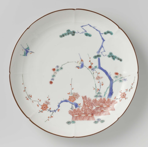 Lobed dish with brushwood fence, prunus, bamboo, pine tree and birds