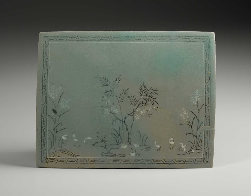 PLAQUE, Celadon with inlaid design of six cranes - unknown