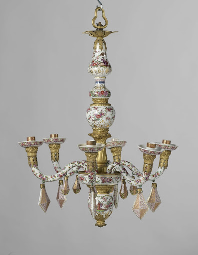 Kroonluchter van verguld brons en veelkleurig beschilderd Meissen porselein - Meissener Porzellan Manufaktur