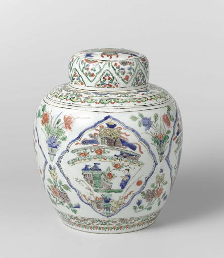 Covered, ovoid jar with antiquities and flower sprays - Anonymous