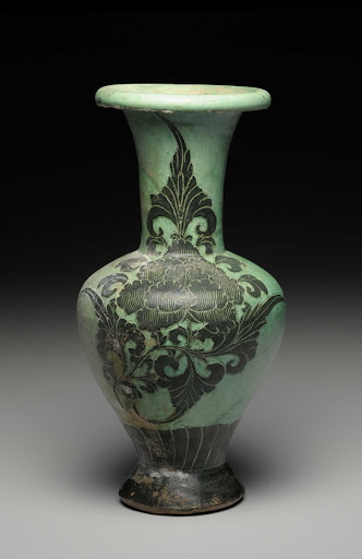 VASE, Stoneware with sgraffito peony design through underglaze iron-brown slip, coated with green glaze
/Important Cultural Property of Japan - unknown