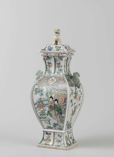 Rectangular, covered, baluster vase in the shape of a bronze vessel with two ladies on a terrace - Anonymous