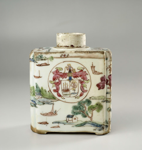 Tea caddy with a water landscape and the arms of the Bollaert family - Anonymous
