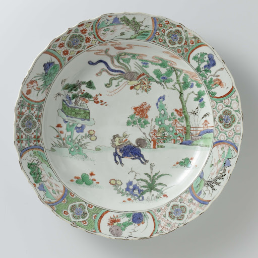 Dish with a qilin and a feng huang in a landscape - Anonymous