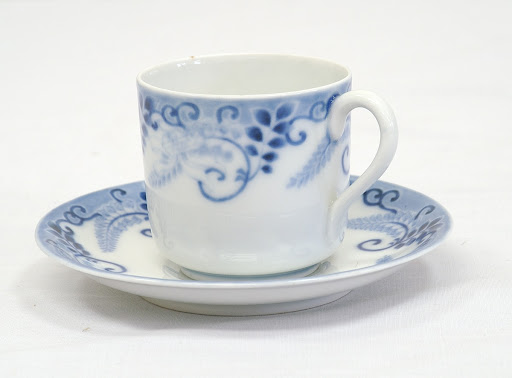 Coffee cup and saucer with wisteria design,
 blue and white - Arita ware, KORANSHA