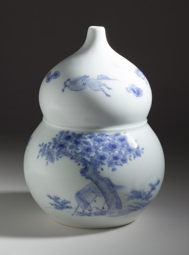 Double-Gourd Shaped Sake Flask with Horses and Flowering Tree Design - Unknown