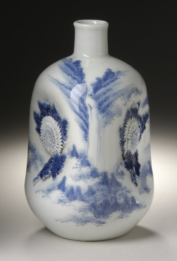 Sake Flask (tokkuri) with Landscape and Raised Chrysanthemums - Unknown