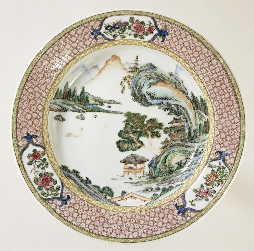 Deep plate with a water landscape with pavillions, trees and mountains - Anonymous