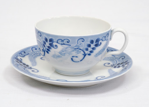 Teacup and saucer with wisteria design, 
 blue and white - Arita ware, KORANSHA