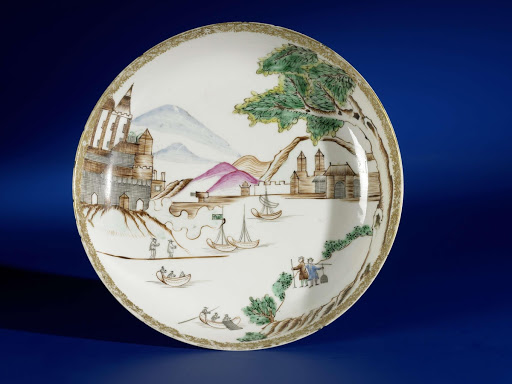 Suacer-dish with a water landscape and Europeans - Anonymous