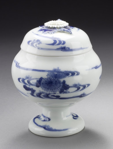 Lidded Condiment Jar on Pedestal Base with Chrysanthemum and Stream Design - Unknown