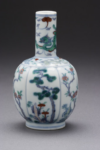 Vase (Ping) in the Form of a Mellon with Pine, Bamboo, Plum, Camellia, and Dragon - Unknown