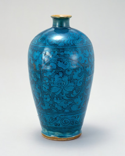 Mei-ping Vase with Painted Black Design of Peony, Turquoise Blue Glaze - Ci-zhou Ware