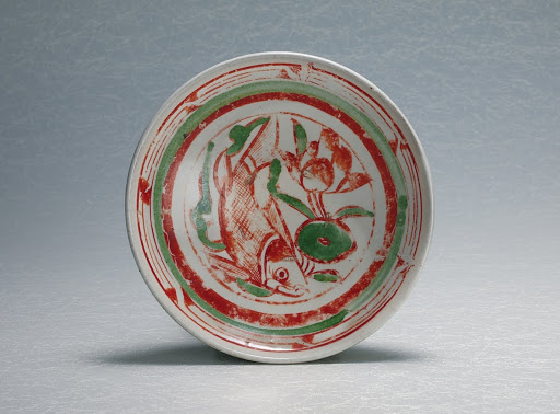Bowl, Fish and Lotus Design in Red & Green Enamel - Unknown
