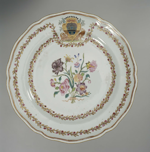 Plate with a bouquet of flowers and a crowned coat of arms - Anonymous