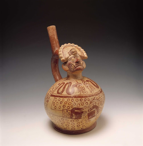 Sculptural ceramic ceremonial vessel that represents Ai Apaec, mythological hero of the Moche with the body of a blow-fish ML003434 - Moche style