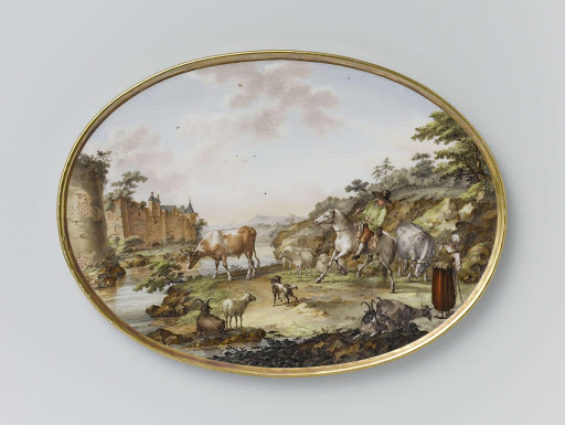Two oval plates with figures and cattle in a river landscape - Manufactuur Oud-Loosdrecht