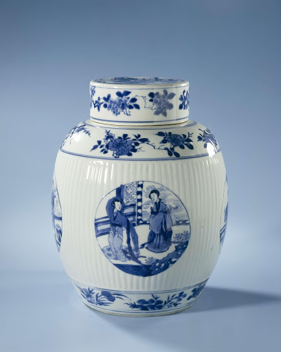 Ovoid covered jar with fluted sides and figures in medallions - Anonymous